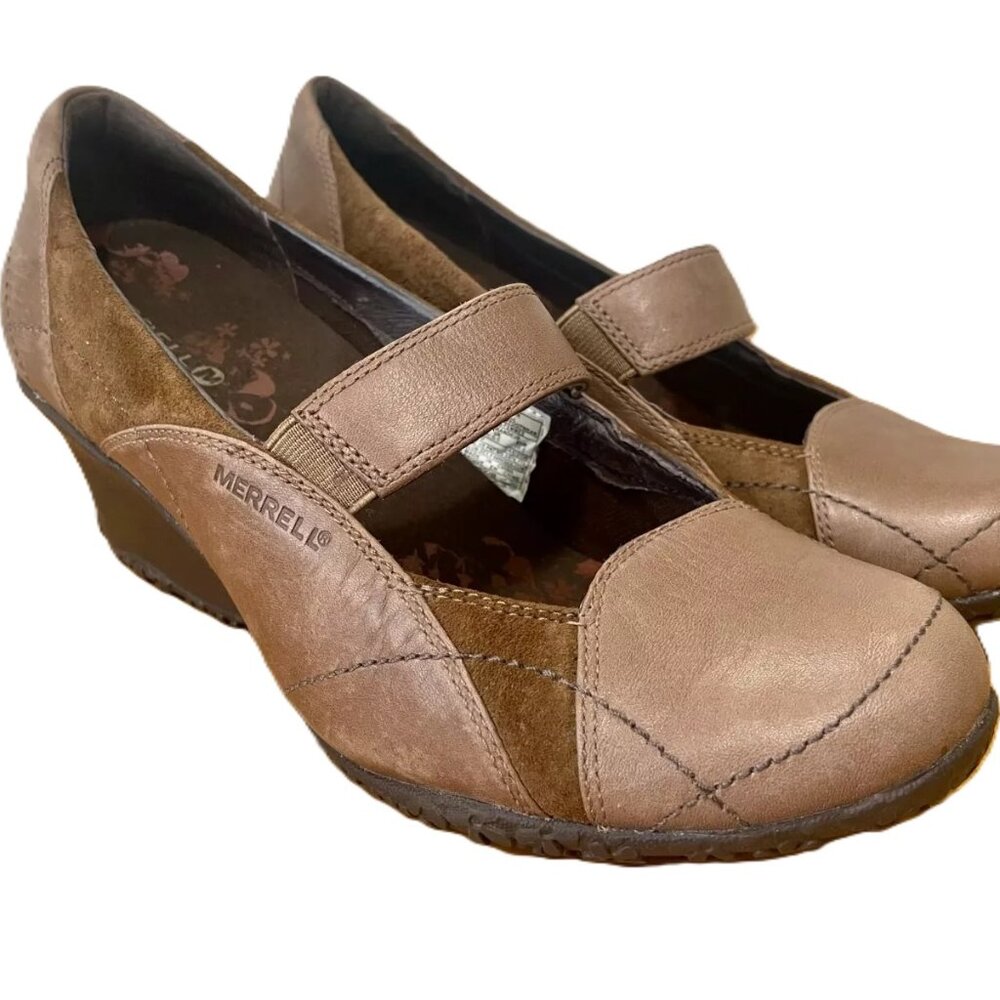 MERRELL Mary Jane Wedge Tan Beige Leather Suede Womens 7.5